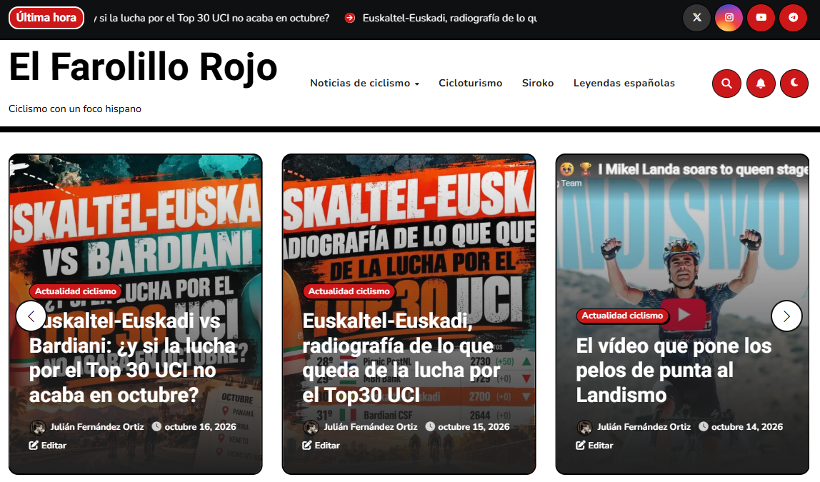 Captura de El Farolillo Rojo con su cabecera y noticias de actualidad del ciclismo