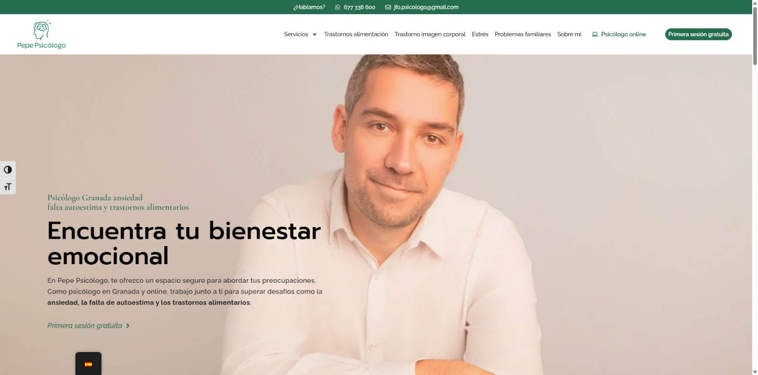 Captura de la web de Pepe Psicólogo con su presentación y servicios de psicología en Granada y online