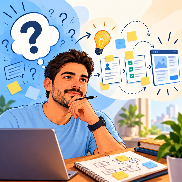 Ilustración de JuliFendez reflexionando sobre preguntas, ideas y el proceso de creación de un producto digital